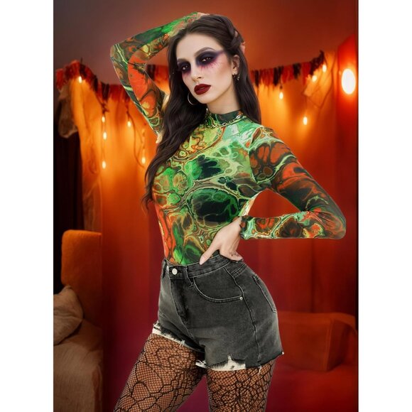 Women Orange Long Sleeve Mock Neck Fitted Sexy See Through Mesh Going Out Tops - Picture 2 of 7